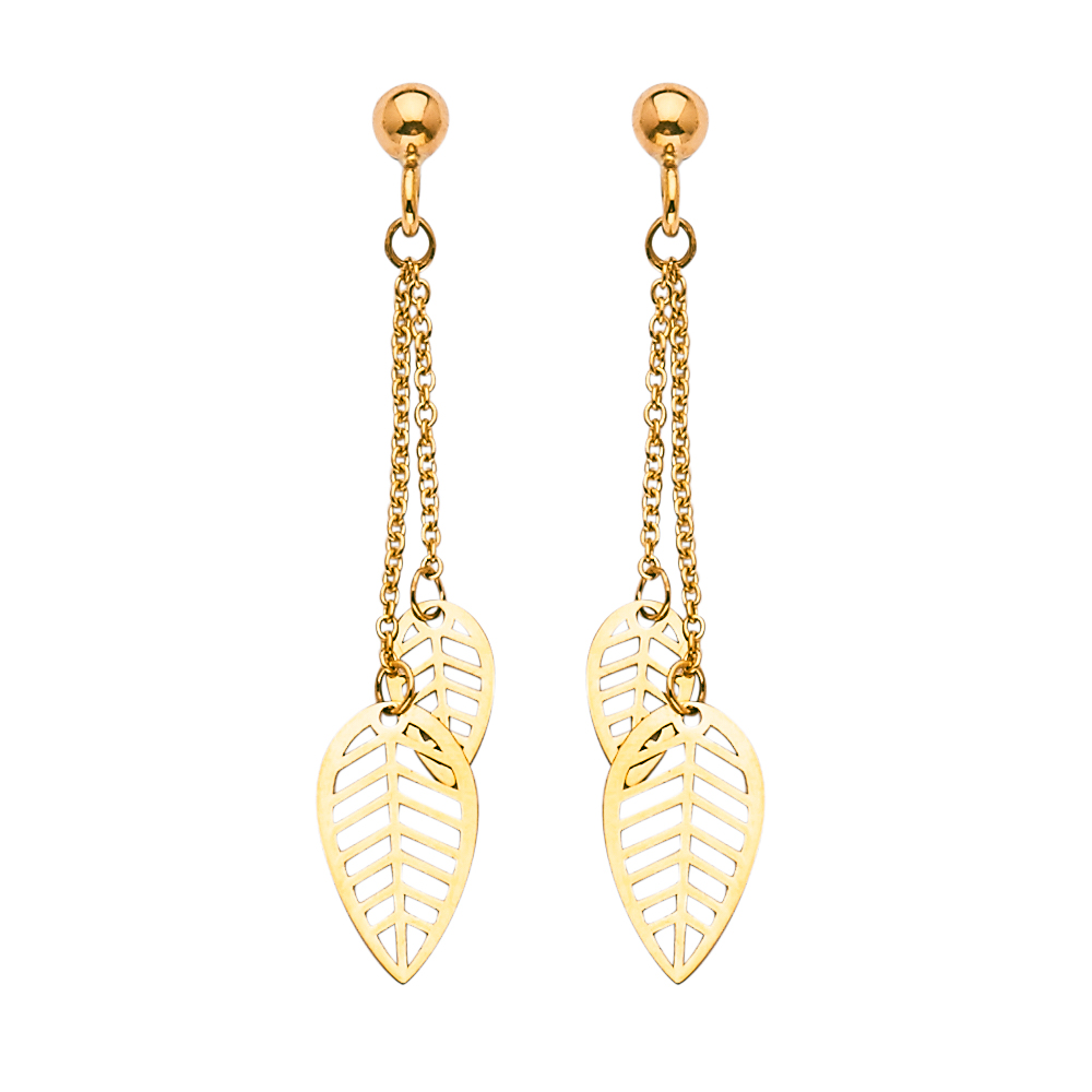 14K Yellow Gold Fancy Leaf Dangle Hanging Earrings for Women