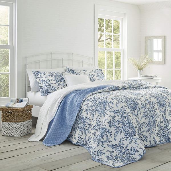Twin Full Queen King Bed Blue White Floral Toile 3 Pc Cotton Quilt