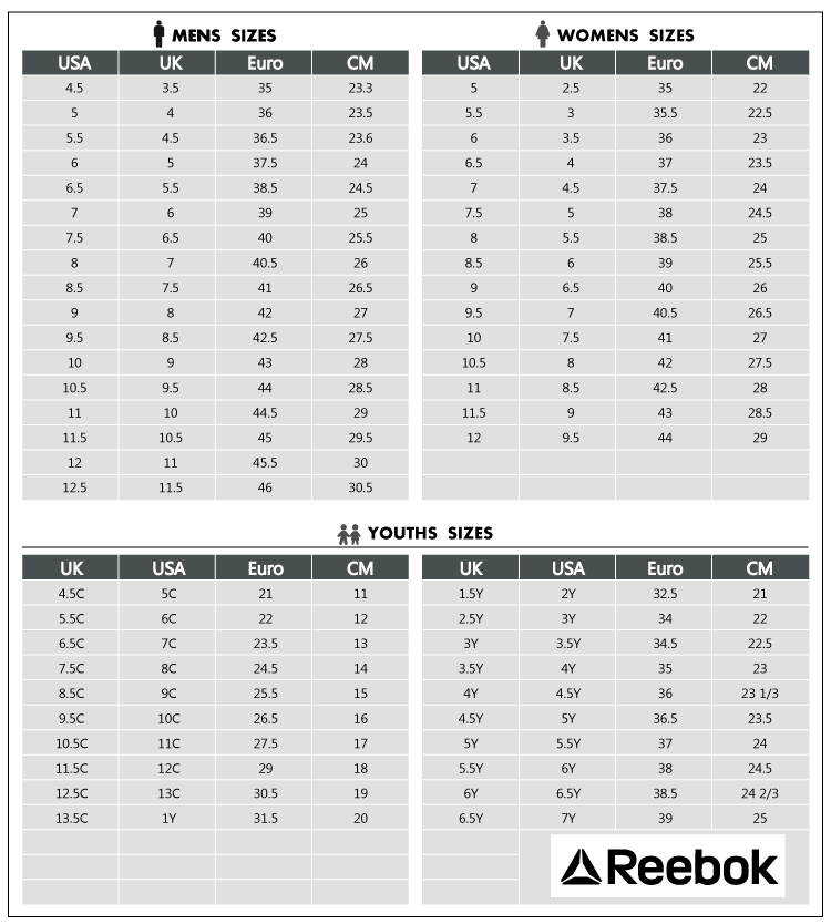 reebok sneakers size chart