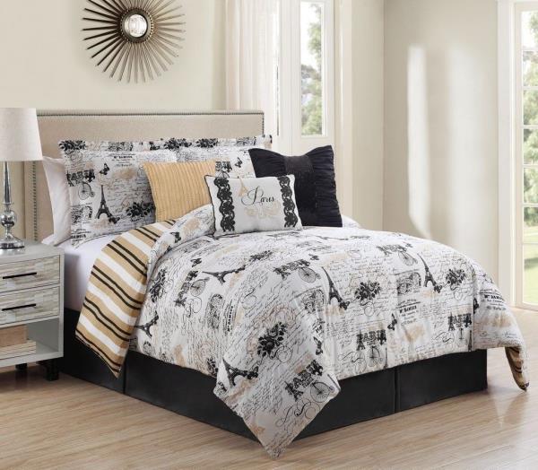Queen Cal King Bed Black White Tan Paris French Newspaper 7 Pc