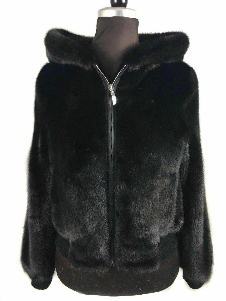 Black Mink Fur Bomber Jacket Hooded 