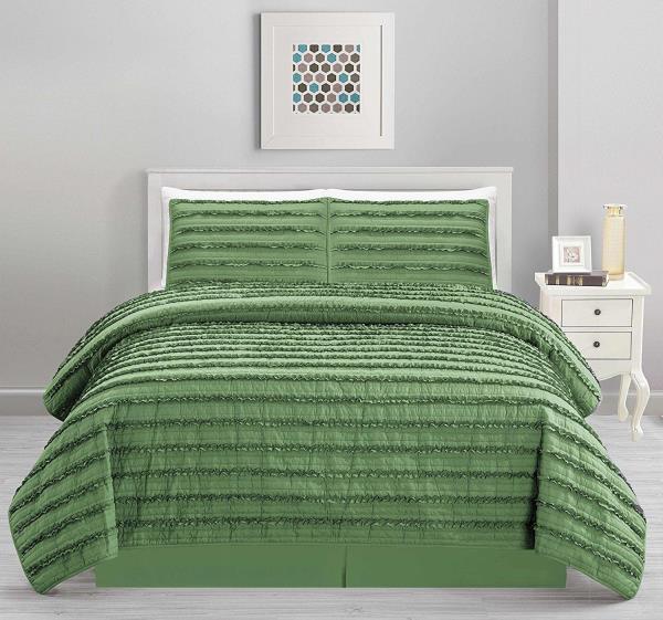 Solid Sage Green Stripe Ruffled 4 Pc Quilt Set Coverlet Queen Cal