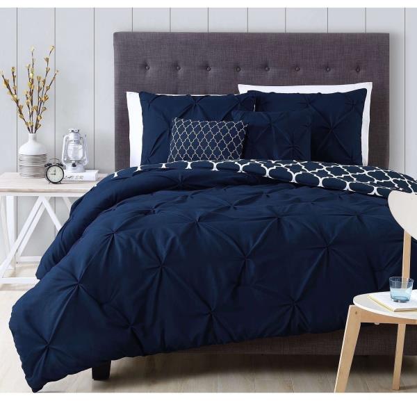 Queen King Bed Navy Blue White Geo Pinch Pleat Pintuck 5pc