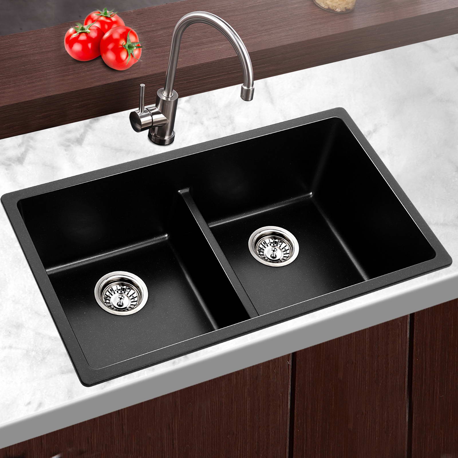 Granite Stone Kitchen Sink Double Bowl Heavy Duty Undermount Anti Scratch Black Ebay