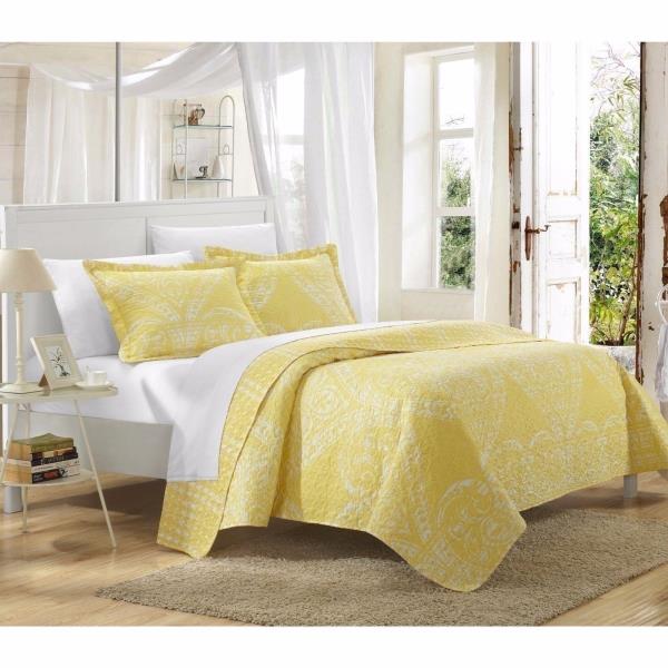 Yellow White Scroll Houndstooth 3 Pc Quilt Set Coverlet Twin Queen