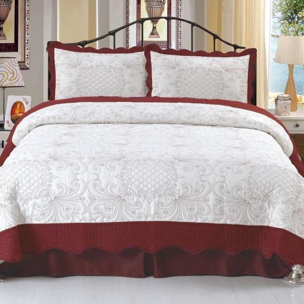White Dark Red Floral Embroidery 3pc Quilt Coverlet Set Twin Full