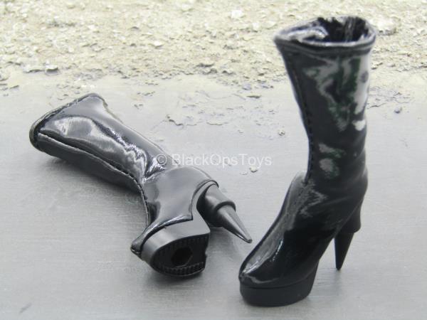 1//6 Scale Toy Office Lady Black Leather-Like Knee-High Boots Peg Type