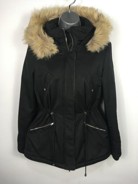 fitted coat with fur hood
