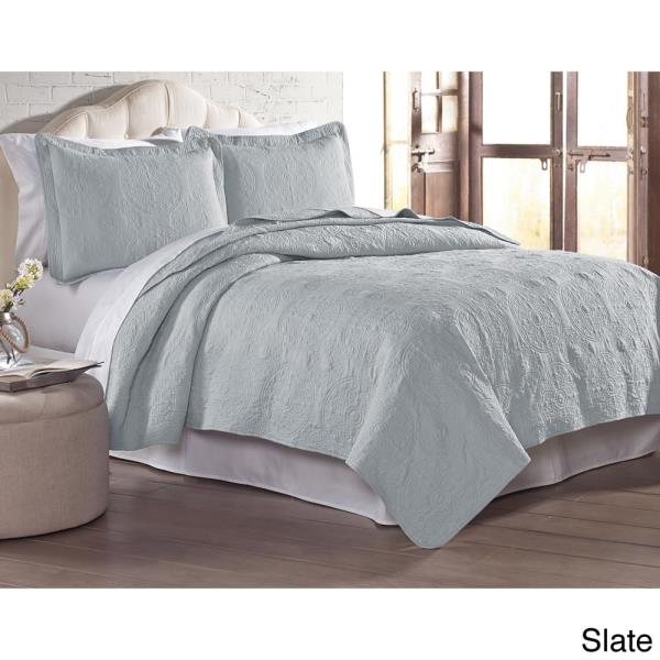 Quilted Circles Slate Blue Gray 3 Pc Quilt Coverlet Set Twin Full