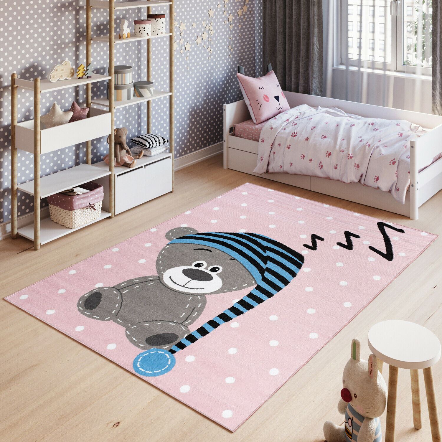 Kid S Bedroom Playmat Rugs Soft Easy Clean Pink Teddy Bear Nursery Pattern Rug Ebay