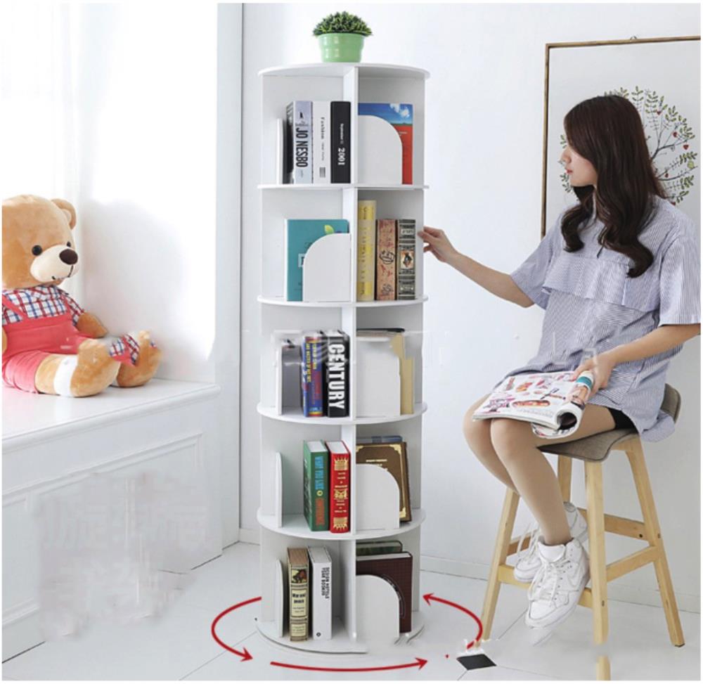 5 Tier Versatile Round Wooden Rotating Swivel Bookshelf Bookcase