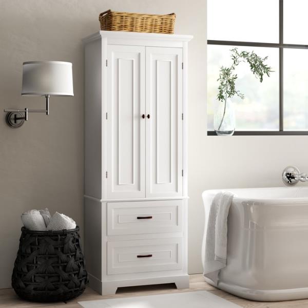 White Finish Linen Tower Bathroom Towel Storage Cabinet Tall