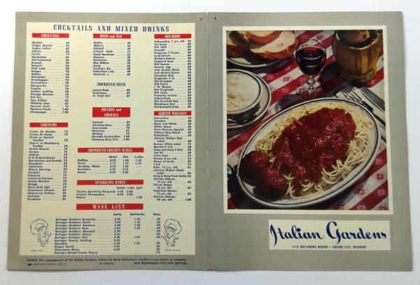 1960 S Original Vintage Menu Italian Gardens Restaurant Kansas