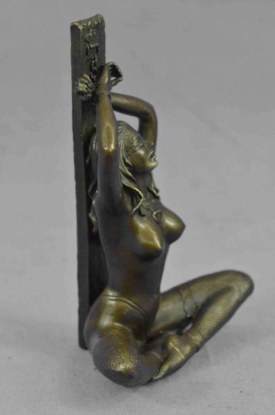 Erotic Bronze Figurine Sculpture of Girl Bound Chained to Post 6" x 4" 