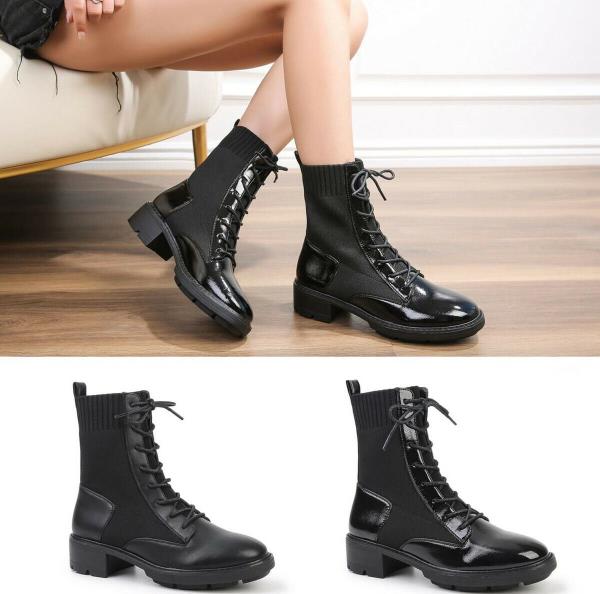 Womens Ladies Ankle Boots Block Heel Sock Stretch Lace Up Biker Black Shoes Size