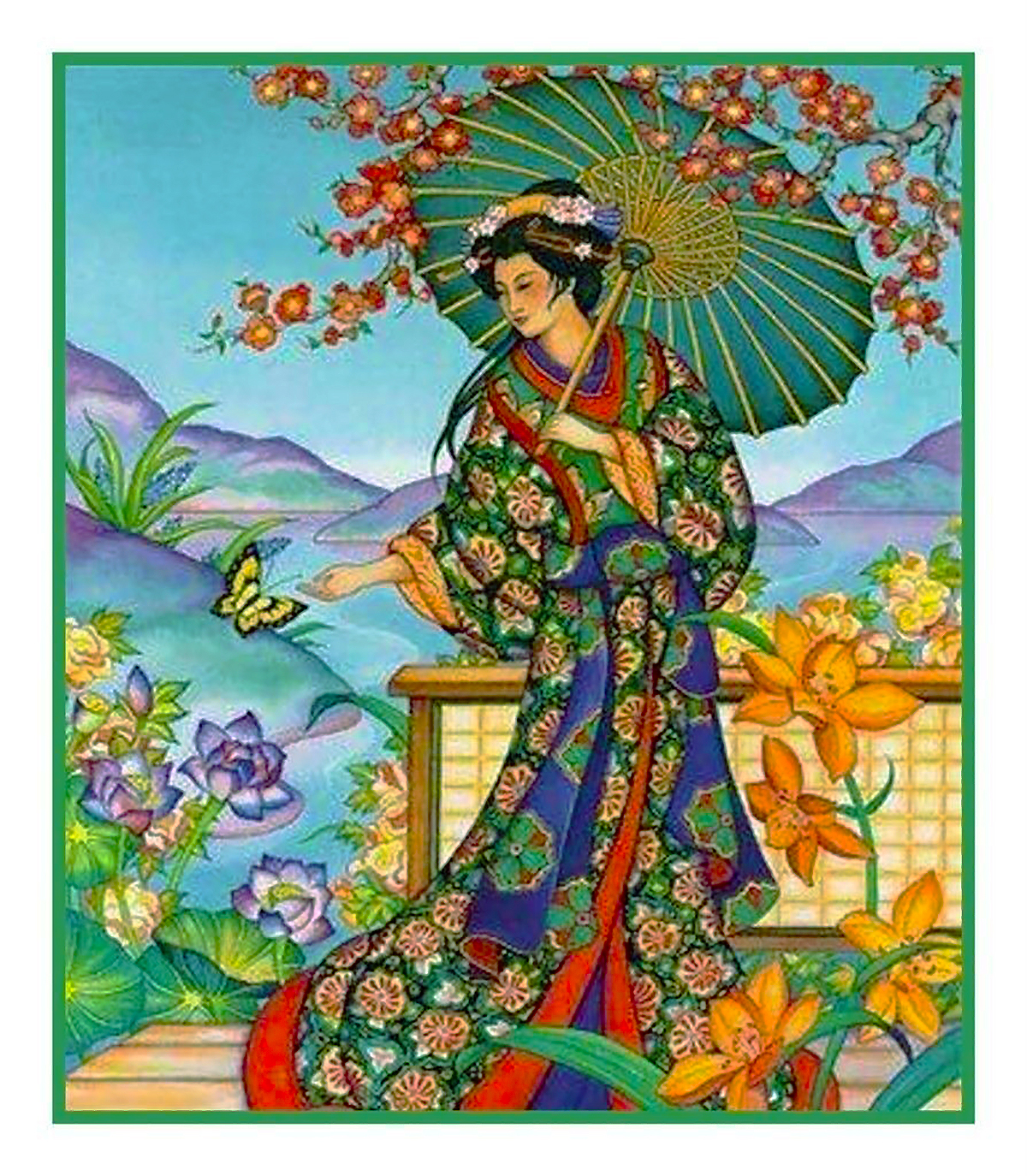 Asian Hokusai Japanese Kimono Woman Lantern Counted Cross Stitch Pattern