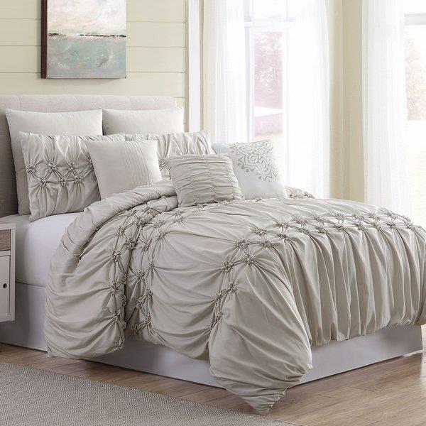 Queen King Bed Sand Beige Pintuck Ruched Pleat Elegant Rosette 8pc