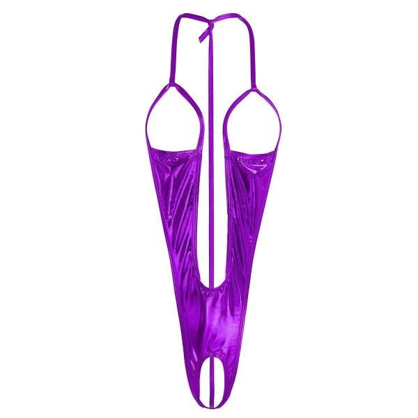 Metallic Purple Extreme Open Bust And Crotch Thong G String One Piece