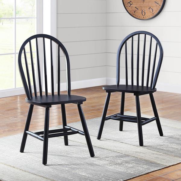 Set 2 Windsor Dining Chairs Solid Black Finish Wood High Back Kitchen