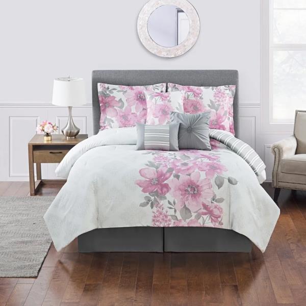 Queen King Bed Blush Pink Gray Grey White Watercolor Floral 7 pc ...