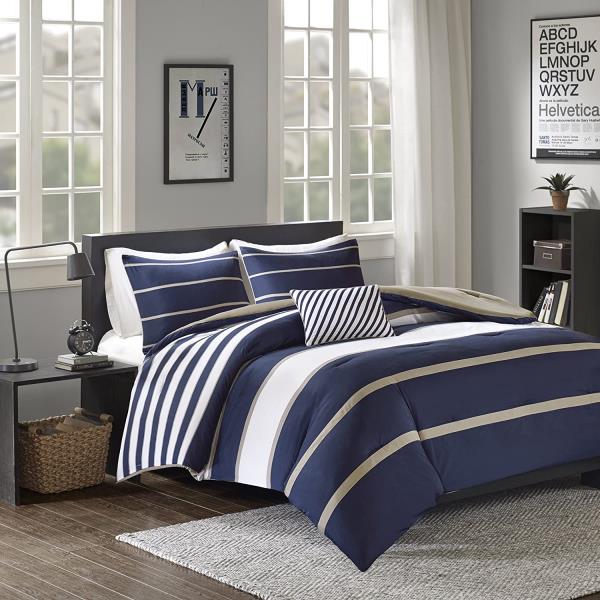 Navy Blue Tan White Stripe 4pc Comforter Set Twin Xl Full Queen Cal King Bedding Ebay