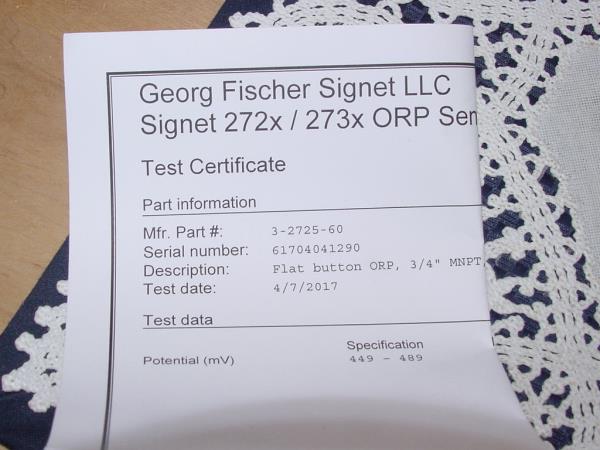 3//4 NPT Thread 7 Flat Tip GF Signet 3-2725-60 ORP Electrode