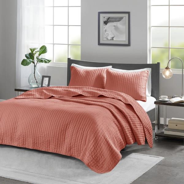 Solid Coral Orange 3 Pc Quilt Set Coverlet Twin Xl Full Queen King